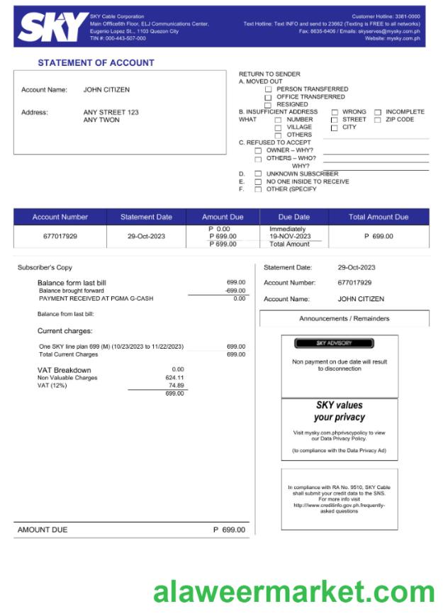 Philippines Sky Cable Corporation utility bill Word and PDF template